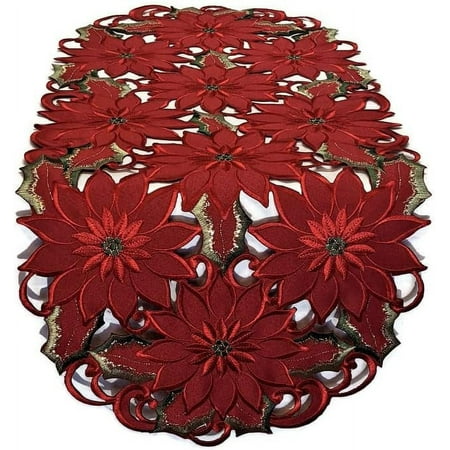 

Christmas Table Runner Embroidered With Red Cutwork Poinsettias Size 54 X 15 Inches