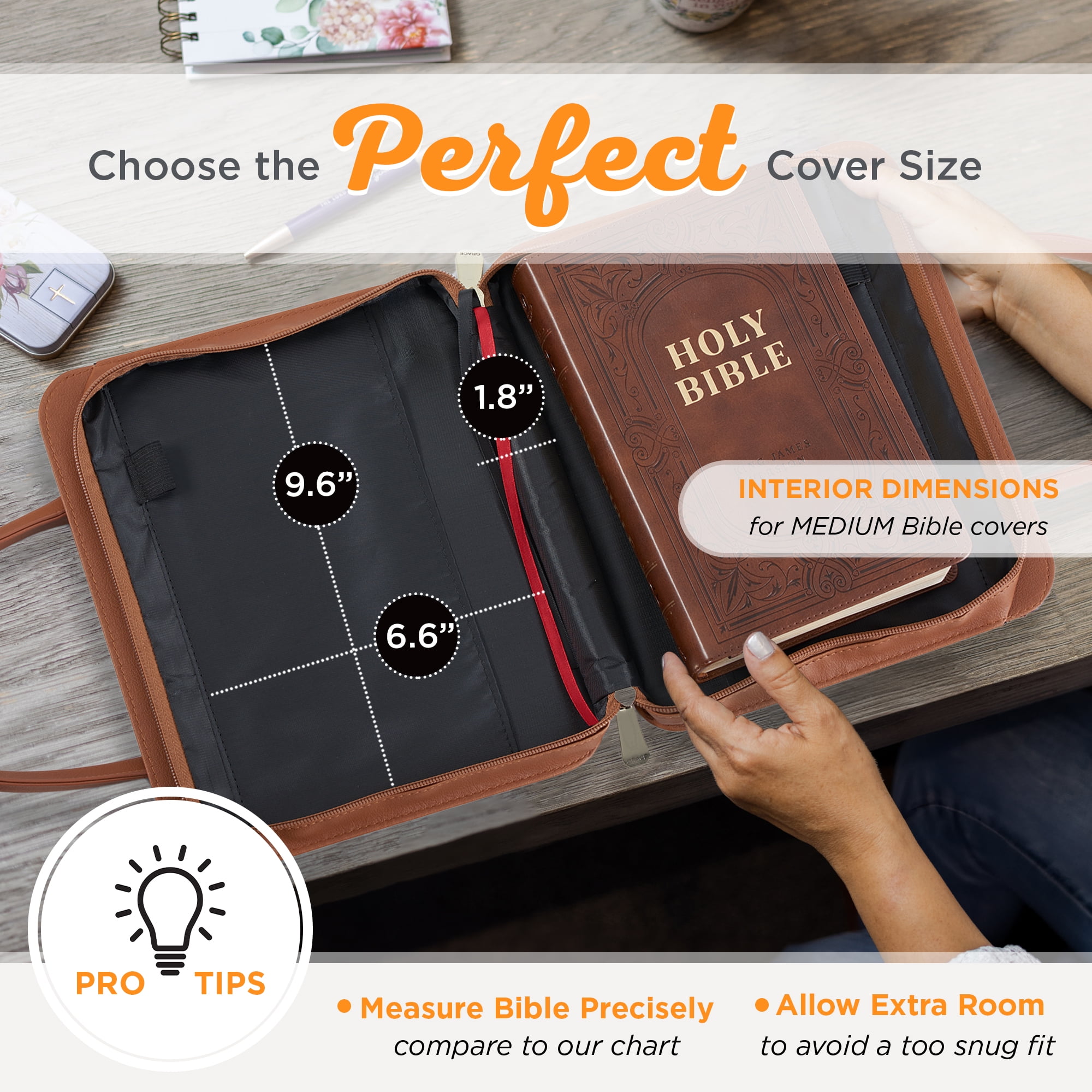 Christian Art Gifts Fashion Vegan Leather Purse Style Bible Cover Case for Women: All Things Through Christ Gold Inspirational Scripture, Pen Loops, Two Handles, Pockets, Navy & Brown Floral, Medium