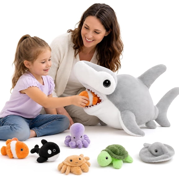 MaoGoLan 7 PCS Hammerhead Shark Stuffed Animal 23'' Giant Hammerhead Shark With 6 Sea Animals Plush Toy