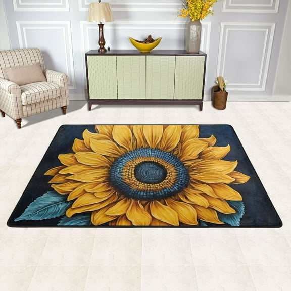 Area Floor Mats Sunflowers on Blue Large Nursery Rugs Non-Slip Living Room Carpets Bedroom Doormat for Dinning Decor 36" x 24"