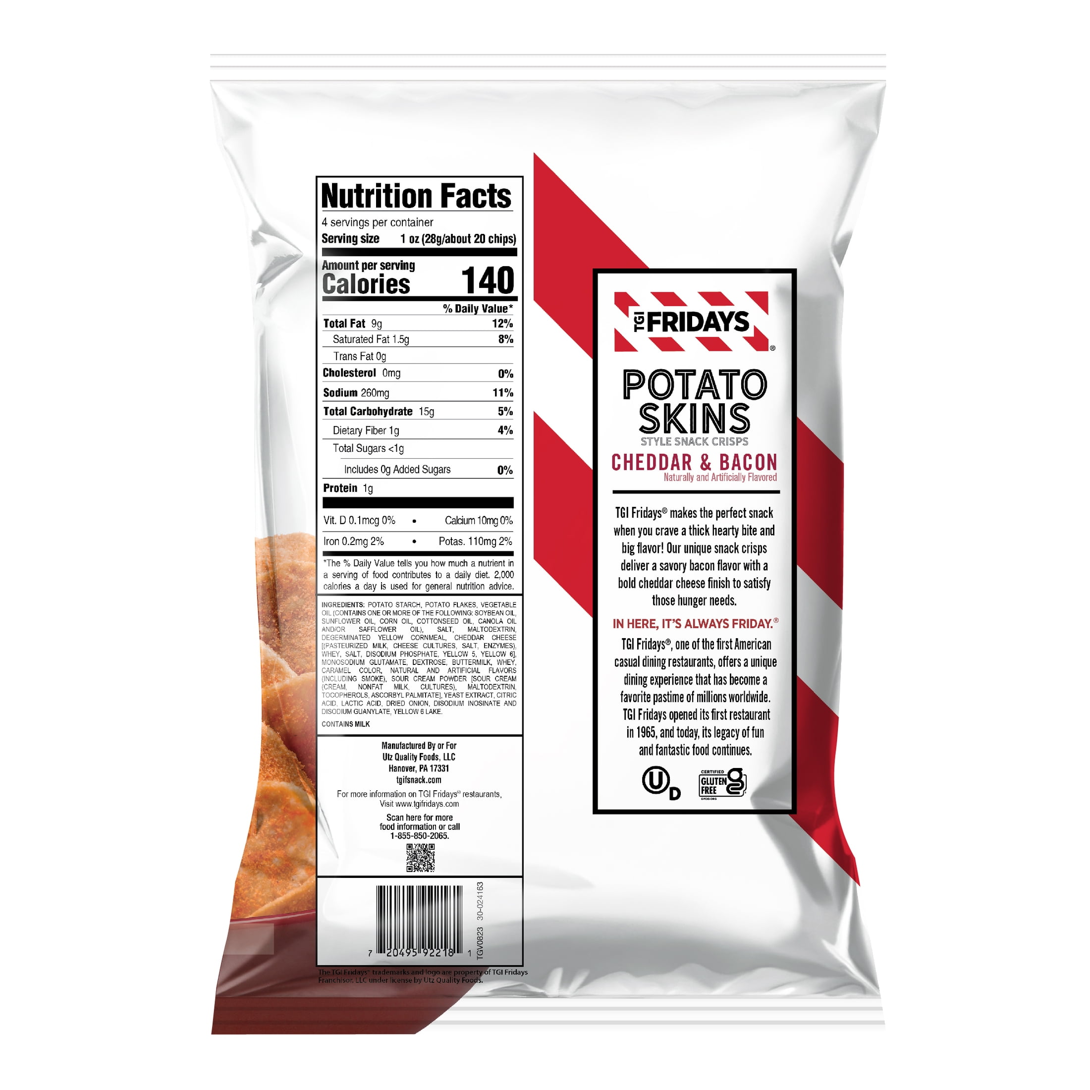 TGI Fridays Cheddar & Bacon Potato Skins Style Snack Crisps, Gluten-Free, 4 oz Bag