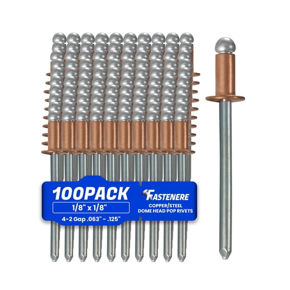 Fastenere Copper Pop Rivets - 1/8" x 1/8" (100 Pack) Copper Body Steel Mandrel, Heavy Duty, Open-End, Dome-Head Blind Rivets, Corrosion-Resistant & High Shear Strength, 4-2 Gap .063" - .125"