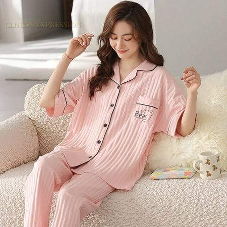 

QWZNDZGR Summer New Short Sleeve Women s Pajamas Set Cartoon Leisure Nightwear Knitted Cotton Plaid Long Pants Sleepwear Fashion Homewear