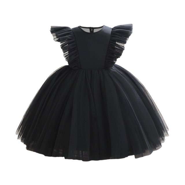 Yanlir Robe Sans Manches en Maille pour Fille Couleur Unie Manches Volantes Col Rond Robe de Soirée, Vêtements d'Été Respirants à la Mode, Style Princesse Mignon (Noir, 4-5 Ans)