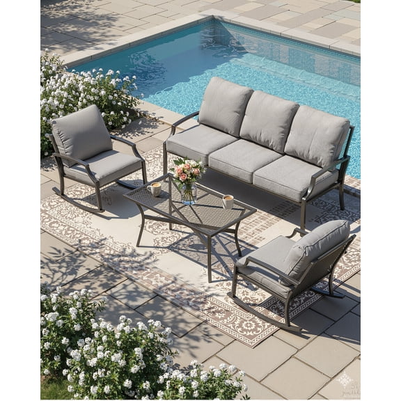 YODOLLA 4-Piece All-Weather Outdoor Patio Furniture Set, Metal Mesh Bistro Set with Rocking Chair and Coffee Table for Porch, Deck, Backyard, Light Gray