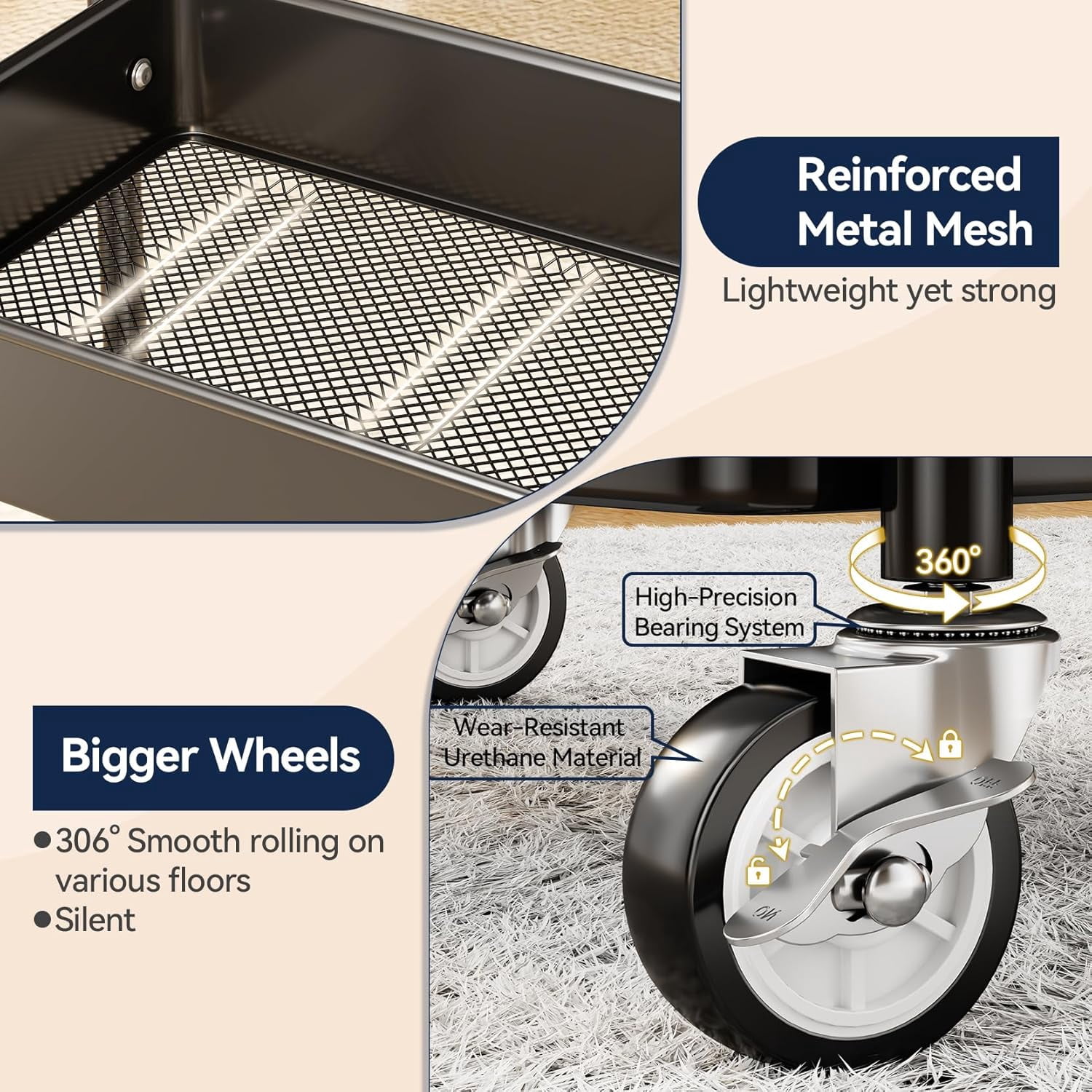 3-Tier Rolling Utility Cart with Wheels, Hanging Cups, Hooks, Heavy Duty Mesh Storage Organizer for Kitchen and Office, Lightweight Sturdy Craft Cart