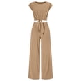 thumbnail image 6 of Women's 2 Piece Summer Outfit Cap Sleeve V Neck Belted Crop Top Wide Leg Pants, 6 of 6