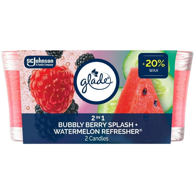 Glade 2 in 1 scented candle set featuring Bubbly Berry Splash and Watermelon Refresher fragrances with images of berries, watermelon slice, and cucumber on packaging.