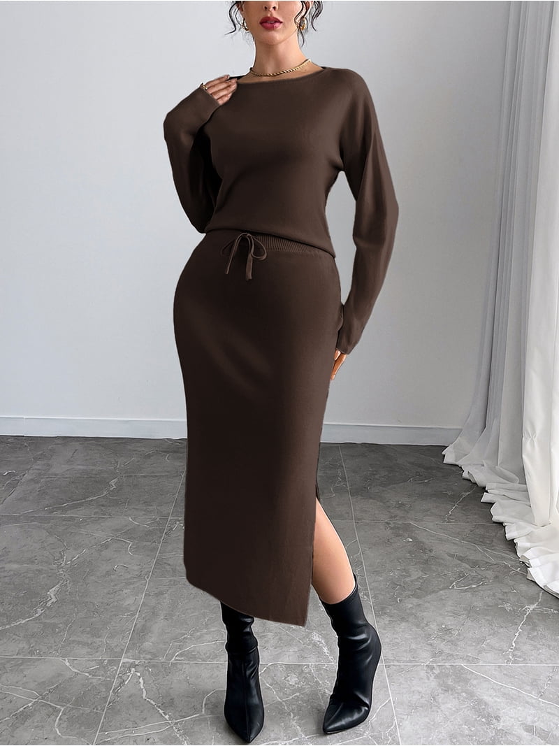 two piece bodycon dress set Knitic 2-piece Outfit, Women's Boatneck Knit Top with Long Sleeves and Split Bodycon Skirt Set