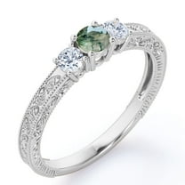 JeenMata Trilogy Cathedral Prong - 1 Carat Round Brilliant Cut Natural Transparent Moss Green Agate and Moissanite - Carved Filigree Milgrain Engagement Ring - 18K White Gold Plating over Silver