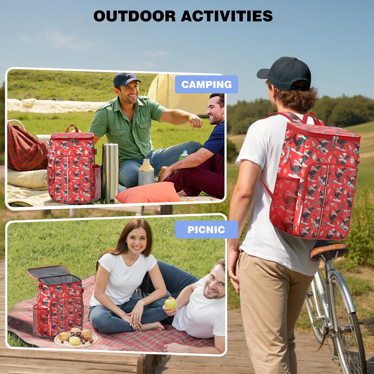 Travel Cooler Bag - Red Cartoon Dinosaurs Skiing Pattern Camping Beer Cooler Backpack with Bottle Opener- Waterproof Insulated Picnic Backpacks - Cooler Bag for Beach