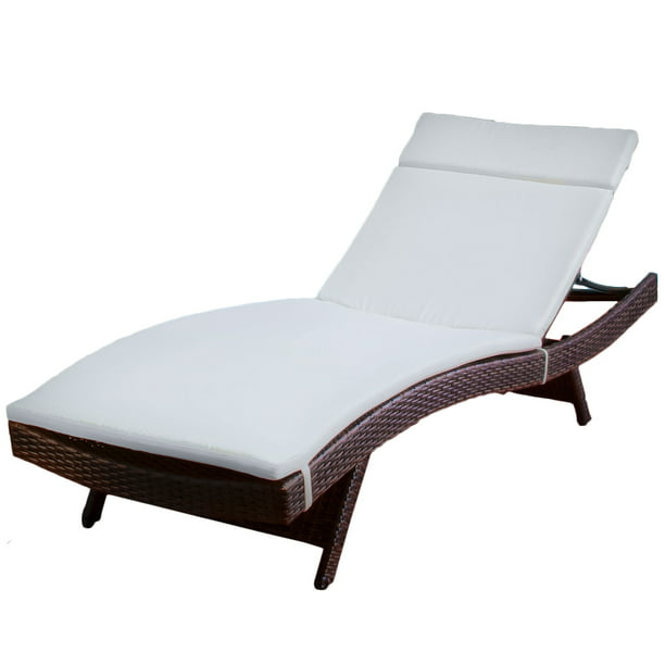 Outdoor Brown Wicker Adjustable Chaise Lounge With Beige Cushion