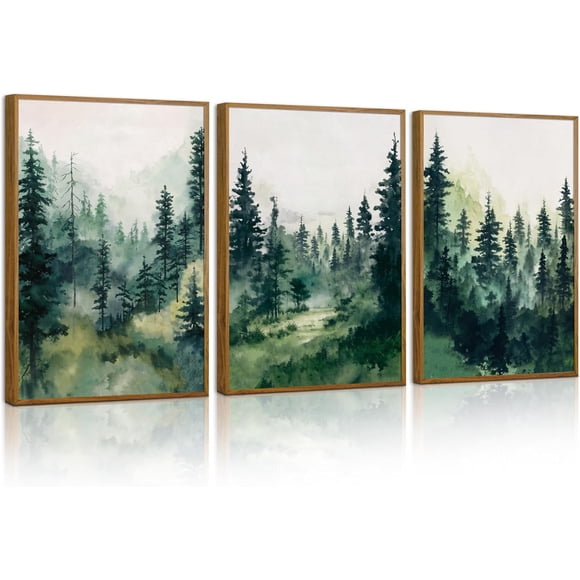 Refurbished 51 Media Large Mountain Framed Canvas Wall Art Set of 3, Boho Nature Forest Decor, Neutral Wooden Pine Trees Artwork, Sunrise Ridge Landscape, 16in x 24in