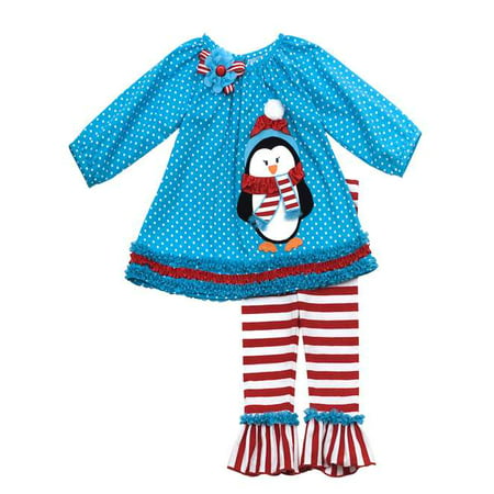 Girls Christmas Outfits : Turquoise Penguin Applique Legging Set 6