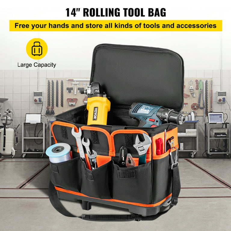 VEVOR Rolling Tool Bag, 14in Tool Bag with Wheels, 17 Pockets