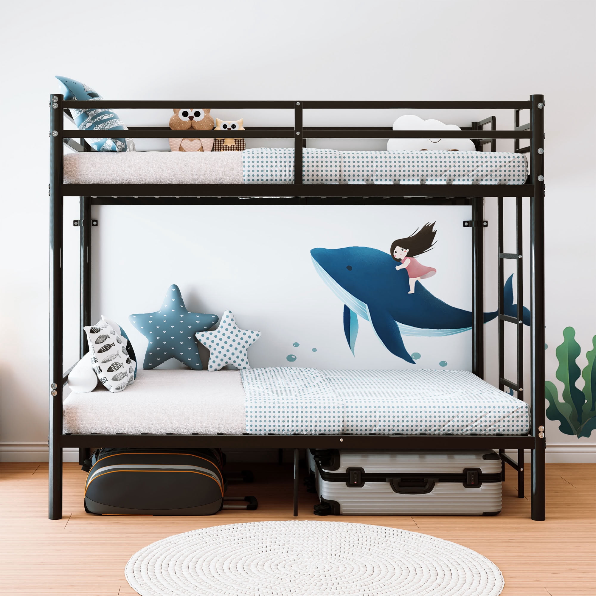 MAYEERTY Twin Over Twin Metal Bunk Bed, Heavy Duty 400 lbs Capacity Frame with Guardrail, Separable for Kids Adults Dorm, Black