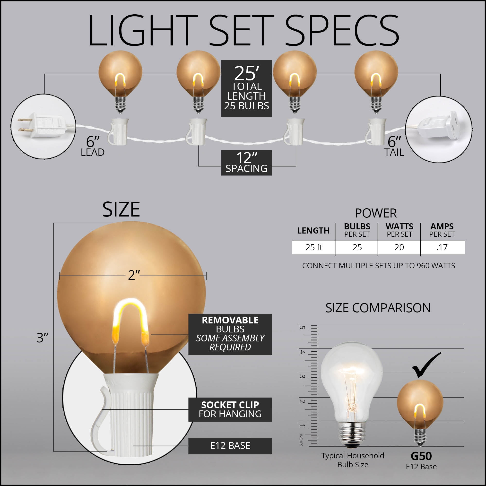 Wintergreen Lighting FlexFilament Edison Bulb Shatterproof G50 Outdoor String Lights, 25 ft White Wire, 25 Lights