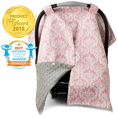 Kids N' Such 2 in 1 Car Seat Canopy Cover with Peekaboo Opening™ - Large Carseat Cover for Infant Carseats - Best for Baby Girls - Use as a Nursing Cover- Damask with Champagne Dot
