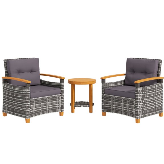 3 Piece Patio Bistro Set with Cushions, PE Rattan Wicker Outdoor Furniture for Porch, Backyard, Garden, Gray
