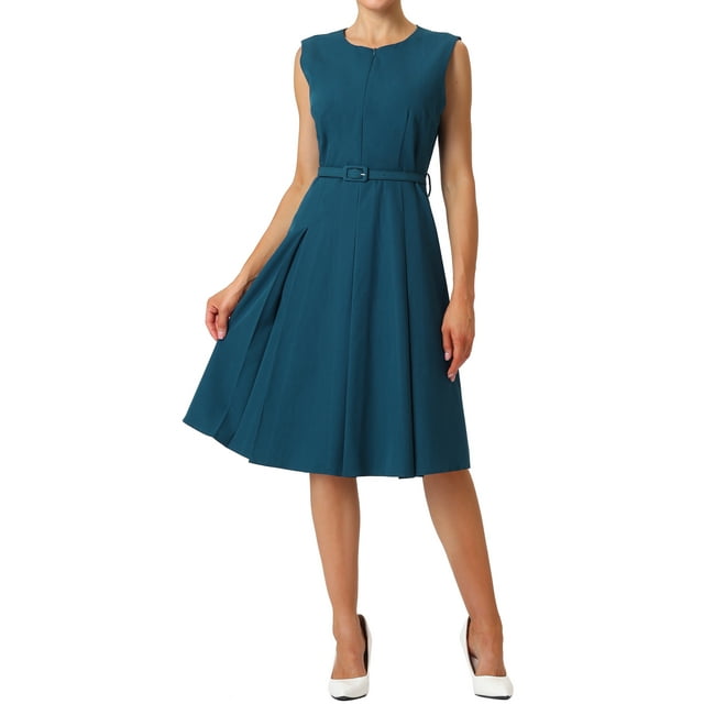 Vestido sin mangas para mujer INSPIRE CHIC con cremallera, cinturón, corte ajustado y acampanado, vestido midi para el trabajo, color azul