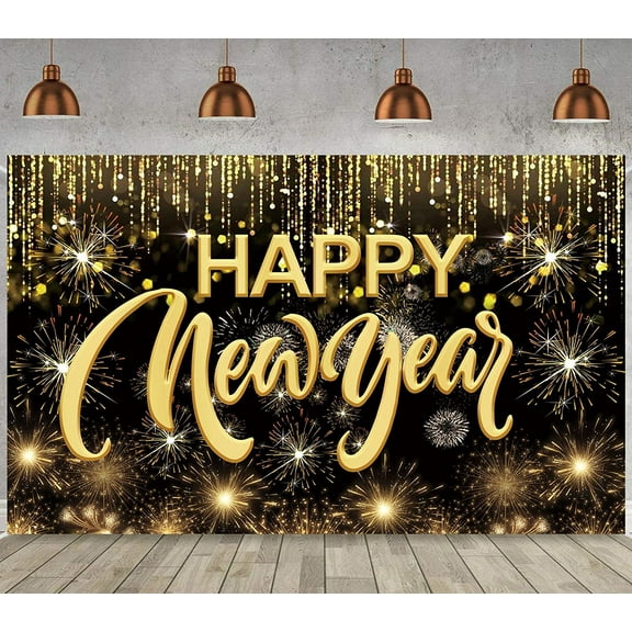 3x5ft Happy New Year Hanging Extra Large Fabric Sign Poster Background Banner with Firework Pattern for New Year Party Decorations