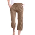 thumbnail image 2 of Petite Capris Pants for Women Drawstring Elastic Waist Cotton Linen Cropped Trousers With Pockets Summer Loose Straight Light Brown S, 2 of 7