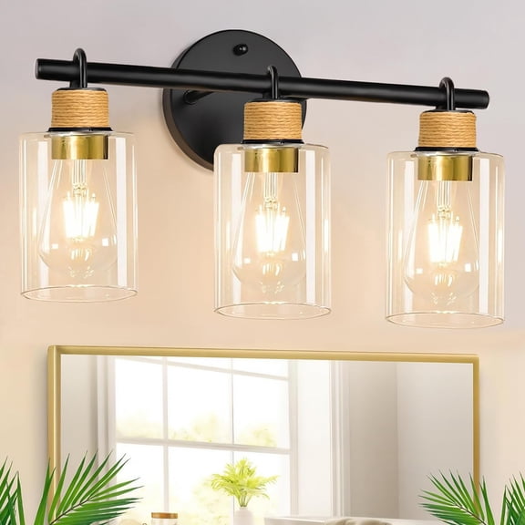 Bathroom Light Fixtures,3-Light Matte Black Vanity Light with Clear Glass Shade,Farmhouse Bathroom Lighting Fixtures Over Mirror,Wall Sconces for Bedroom Kitchen Cabinet Living Room Hallway