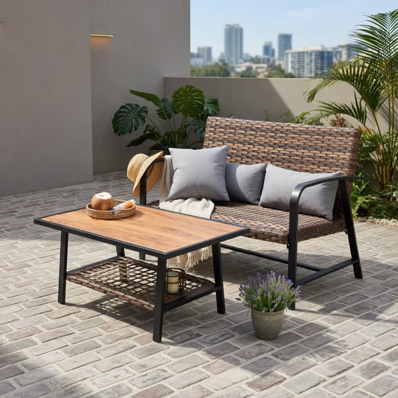Hommoo 2-Piece Outdoor Rattan Coffee Table & Loveseat Set with Cushions, Storage Shelf, and Lumbar Pillows, Weather-Resistant PE Wicker Patio Furniture for Backyard, Poolside & Garden, Brown