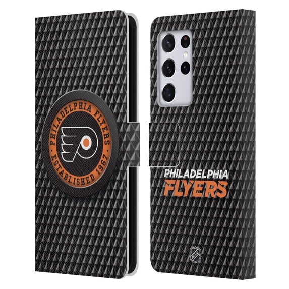 Head Case Designs Officially Licensed NHL Philadelphia Flyers Puck Texture Leather Book Wallet Case Cover Compatible with Samsung Galaxy S21 Ultra 5G