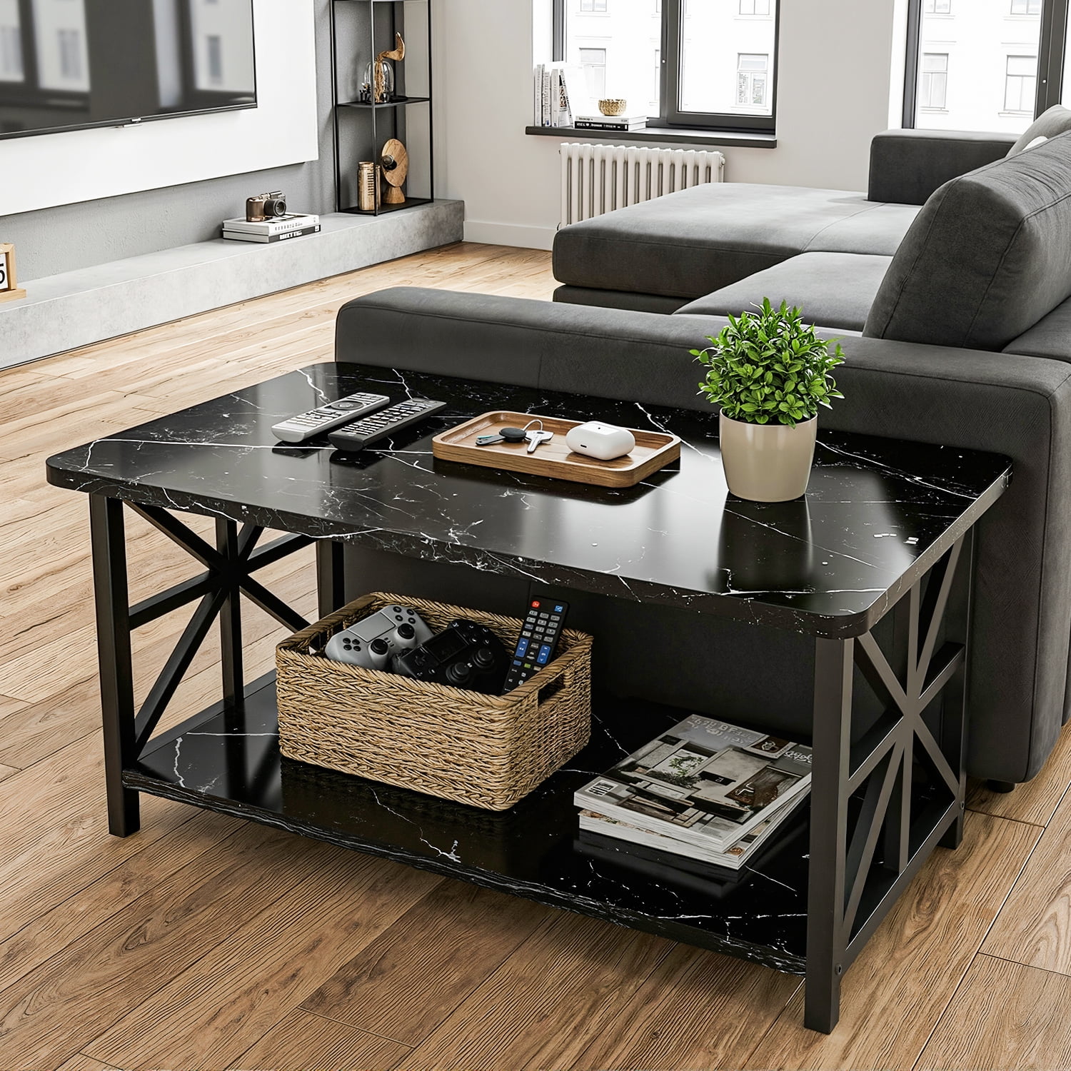 Lamerge Coffee Table with Round Corners, 2 Tier Coffee Table with Storage Shelf, Rectangular Center Table for Living Room Modern Style, Marble Tea Table 39.37 × 21.65 Inches, Easy to Assemble, Black