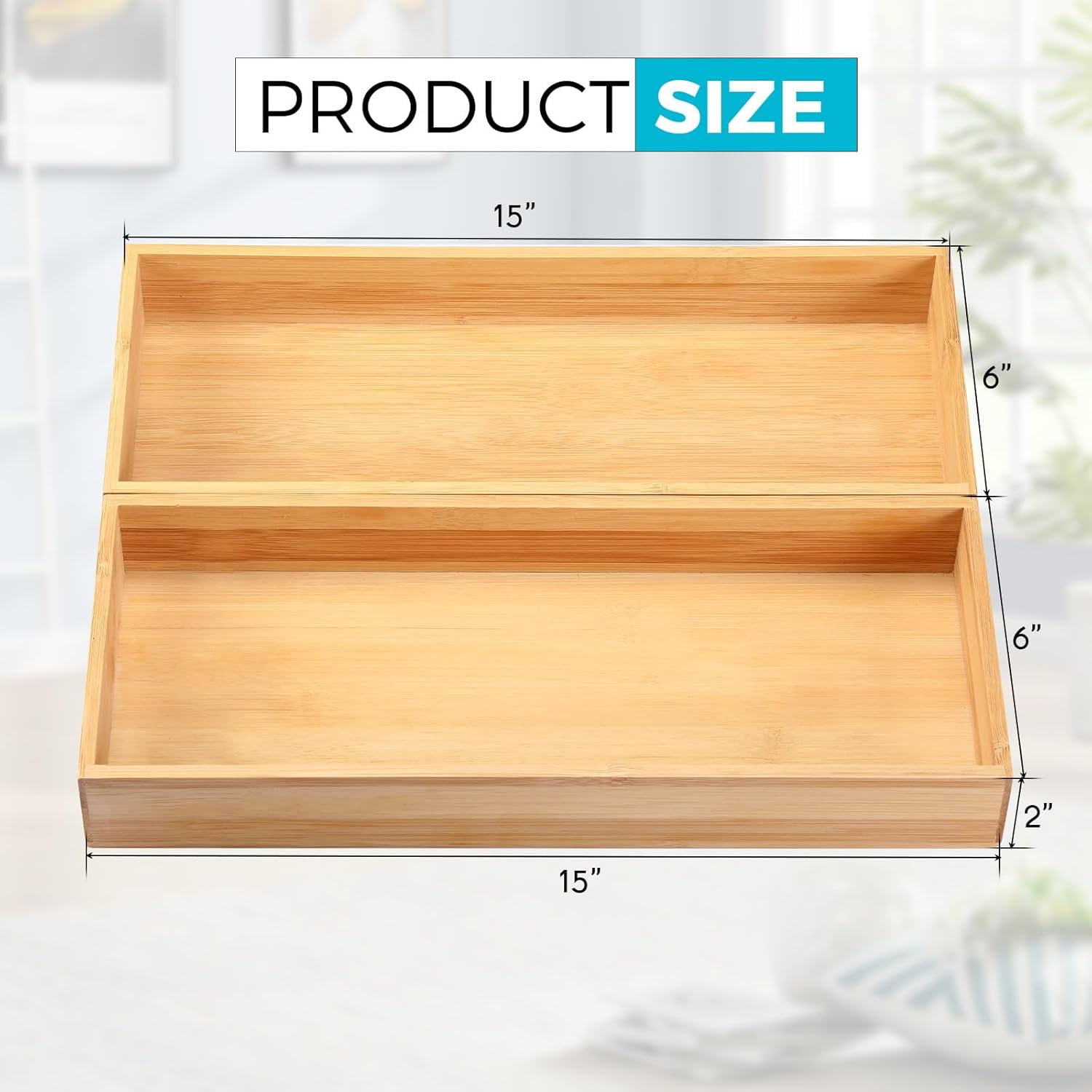 Kitchen Utensil Drawer Organizer, Bamboo Silverware Cutlery Flatware Organizer Bins, Wooden Container Storage Trays for Bathroom Vanity Junk Drawer, 15" x 6" Set of 2