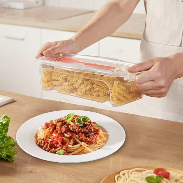 Recipiente de almacenamiento para espaguetis con cuchara - Caja transparente de pasta de 1,3L, para microondas y apta para la nevera y para organizar en la cocina