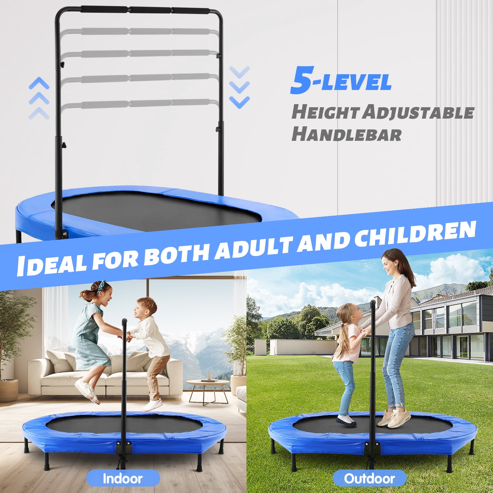 Foldable Trampoline, Mini Rebounder Trampoline with Adjustable Handle, Exercise Trampoline, Parent-Child Kids Twins Trampoline Max Load 220lbs