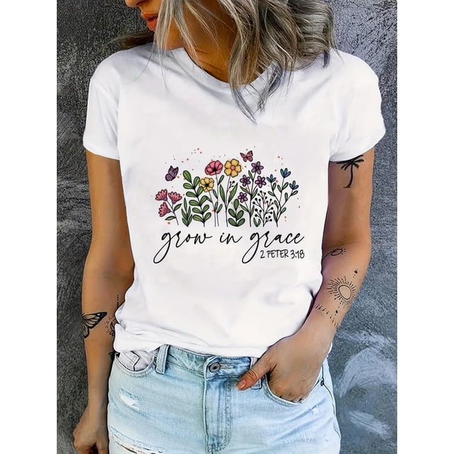 Cartoon Flower Print T-Shirt, Casual Crew Neck Short Sleeve Top For Spring & Summer, Women's Clothing Tee For adult, Men, Women, Teen, Teenager, adolescent, Youth