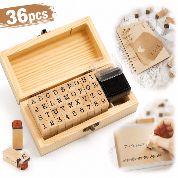Pack of 36 Pcs Small Wooden Rubber Stamps 0.2 Inch of Letter and Number for DIY Craft Card and Photo Album (B)