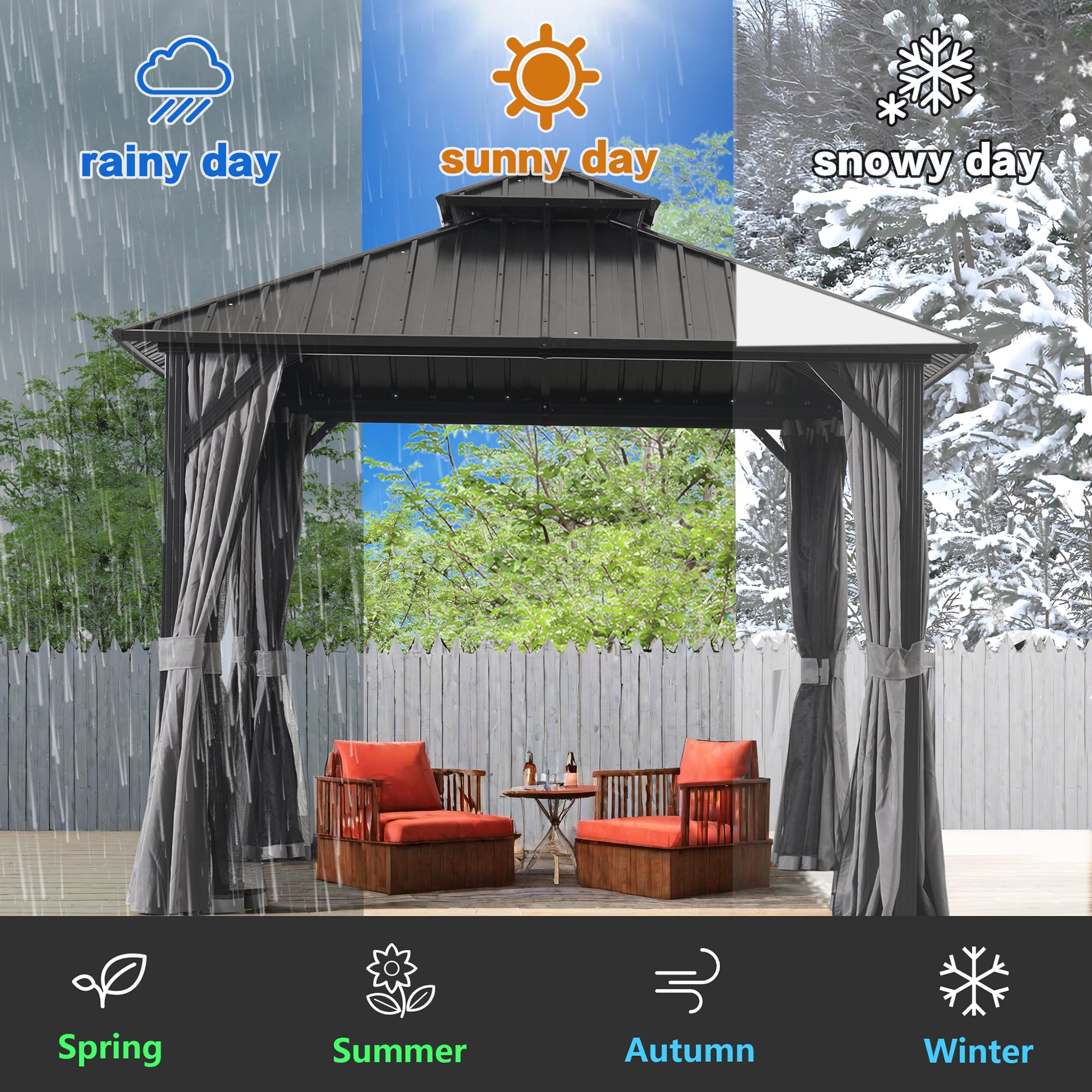 MEWANG 12'x 12'Outdoor Hardtop Gazebo, Metal Double Roof Canopy Gazebo with Curtains and Nettings for Patio,Party.