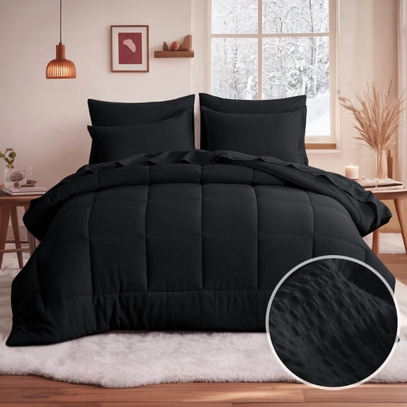 Aisbo Twin Comforter Set with Sheets, 5 Piece Black Bed in a Bag, Soft Bedding Set with Fluffy Down Alternative Seersucker Comforter, Sheets, Pillowcase & Sham.