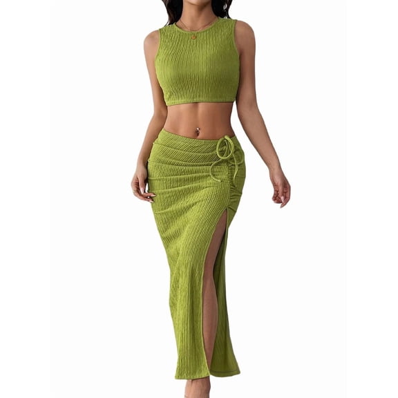 Women'S 2 Pieces Outfit Textured Halter Crop Top and Twist Front Split Thigh Maxi Skirt Set Green S
