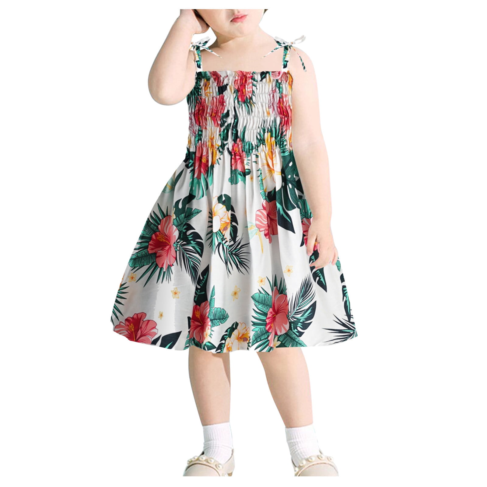 Toddler Baby Kid Girls Floral Flowers Ruched Strap Summer Princess Dress Clothes