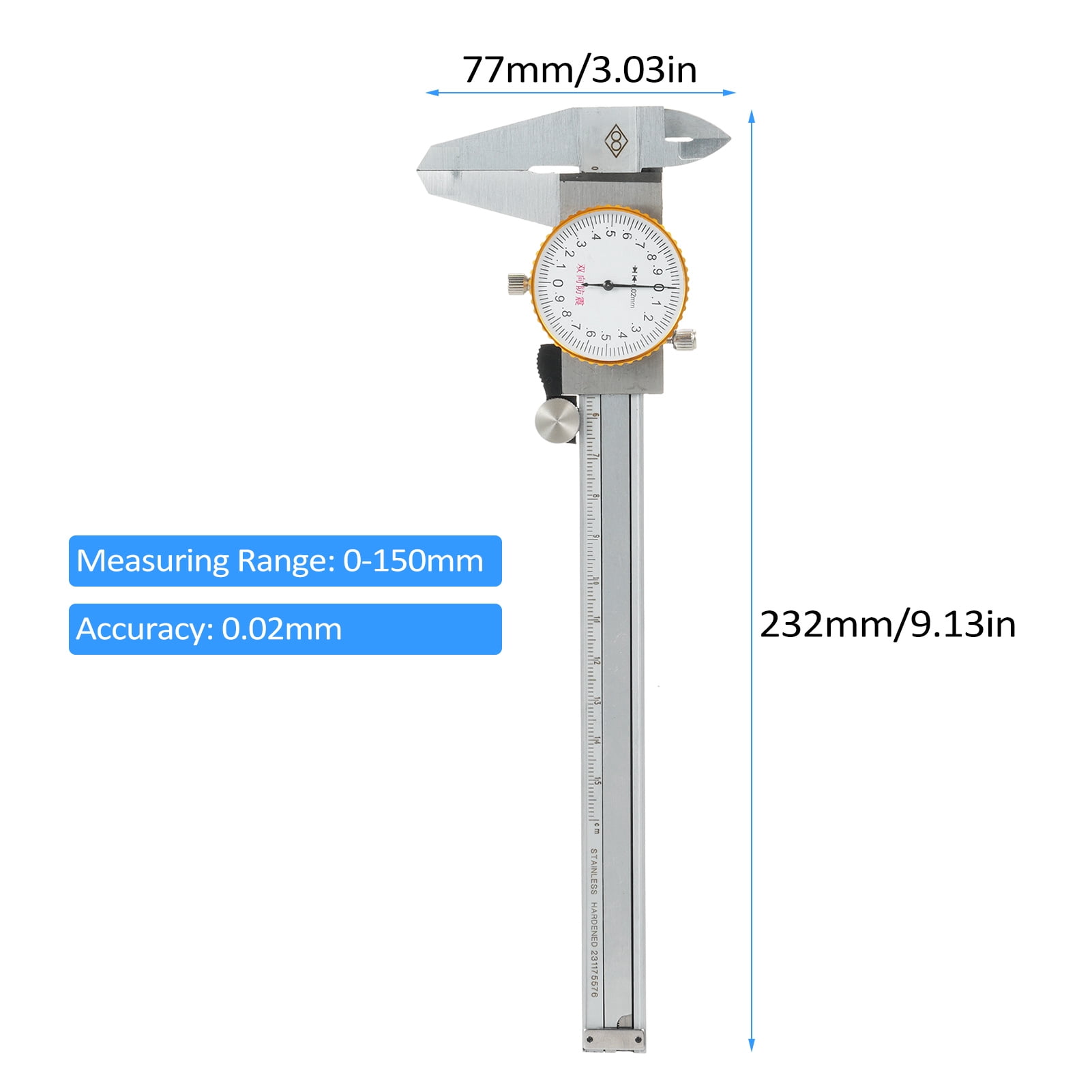Vernier caliper,Steel Vernier Precision Stainless Caliper Dial Calipers Vernier Caliper 0.02mm Tool Calipers Precision 0-150mm 0.02mm Precision Dial Tool Steel Dial Vernier 0.02mm Dial Caliper