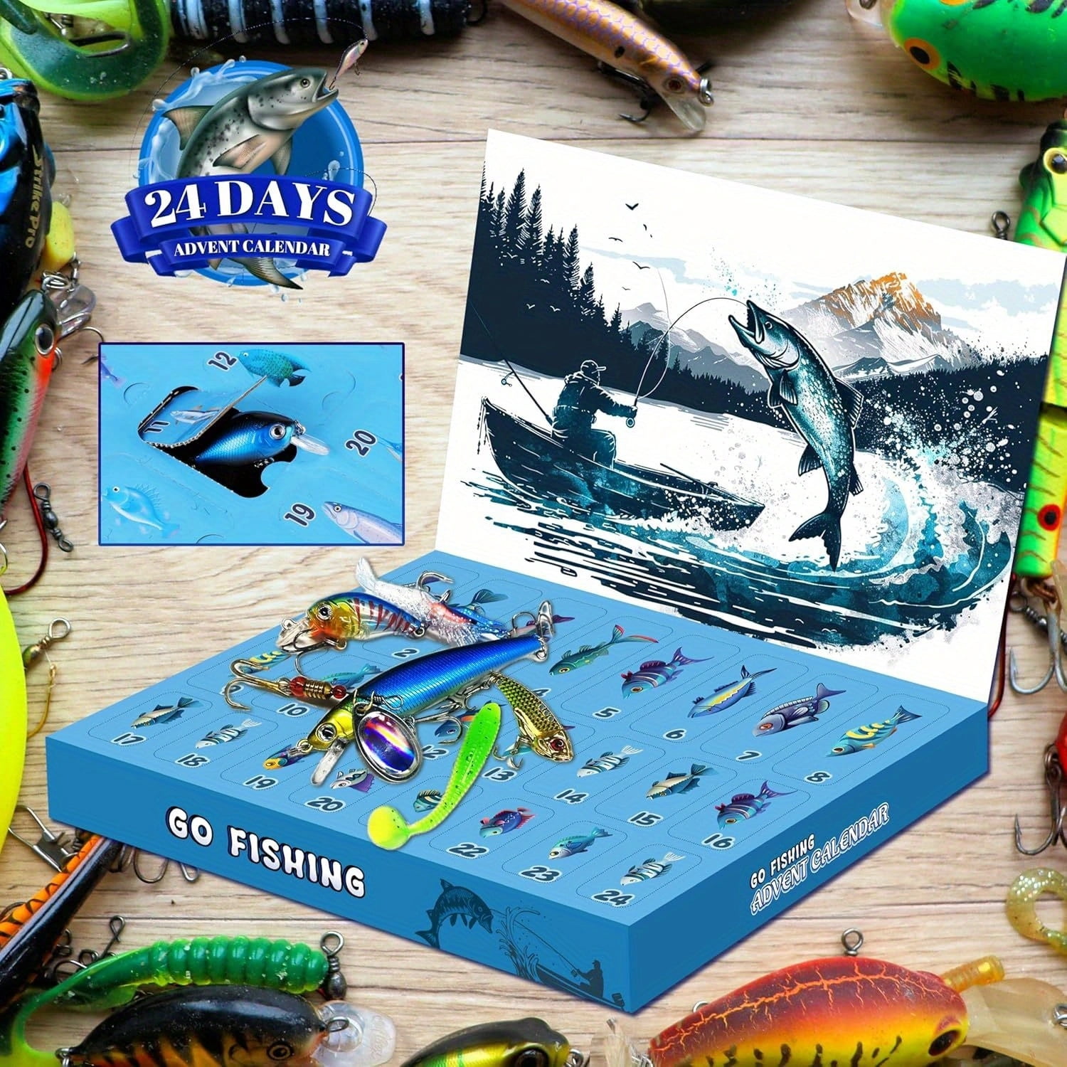 Advent Calendar  Fishing Lure for Man Adult Teen - 24 Days Christmas Countdown Fish Tackle Set - Xmas Surprise Fish Bait Gift for Father Grandpa Brother Boyfriend