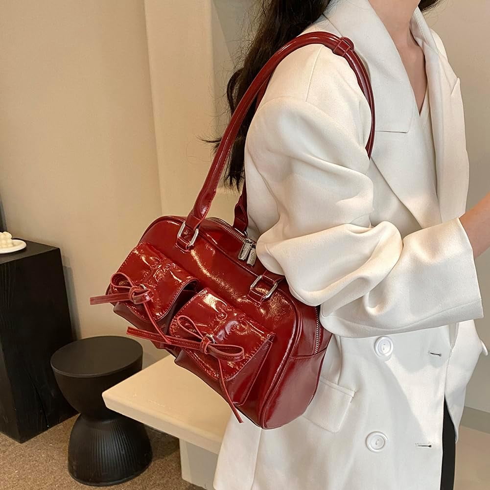 CAILDANL Cute Bow Purse Aesthetic Japanese Shoulder Bag Faux Leather Tote Bag Y2k Red Handbag Purse