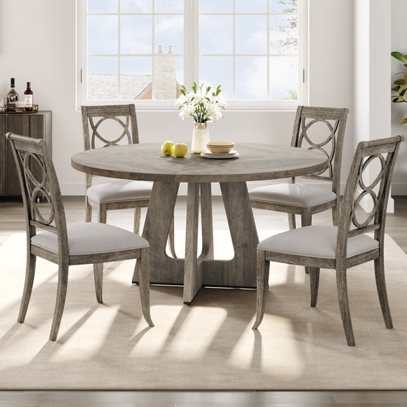 Ourlova 47-Inch Round Large Dining Table, Wooden Kitchen Table Set for 4 to 6, Farmhouse Dinner Table with Wooden Top and Legs for Home Dining Room or Living Room