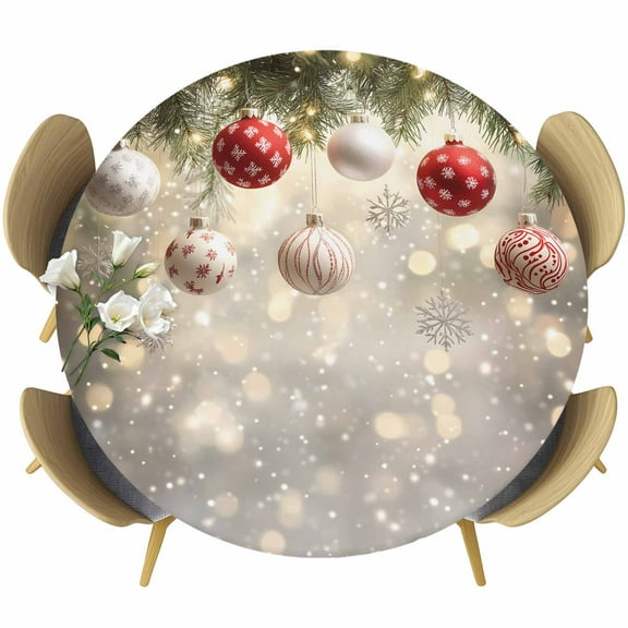 Christmas Round Tablecloth 45-54 Inch Round Fitted Table Cloth with Elastic Edge, Xmas Balls Snowflake Pine Needles Waterproof Table Cover Protector for Outdoor Picnic Party Dining