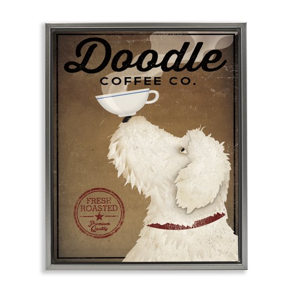 Stupell Industries Shabby Chic Vintage Doodle Coffee Dog Sign Gray Floating Frame Canvas Art, 17 x 21, by Ryan Fowler