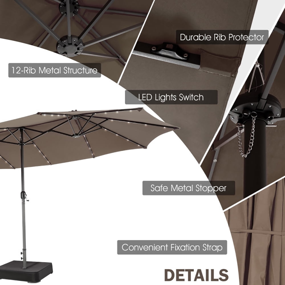 Aimee Lii 15 Feet Twin Patio Umbrella with 48 Solar LED Lights, Outdoor Umbrellas for Patio, Brown