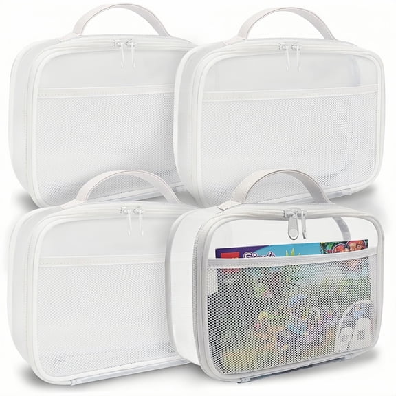Qianfeng 4 Pcs Zipper Closure Storage Bag Organizer Case with Handle, Suitable for Cosmetics, Toys, and Stationery (Small, White)