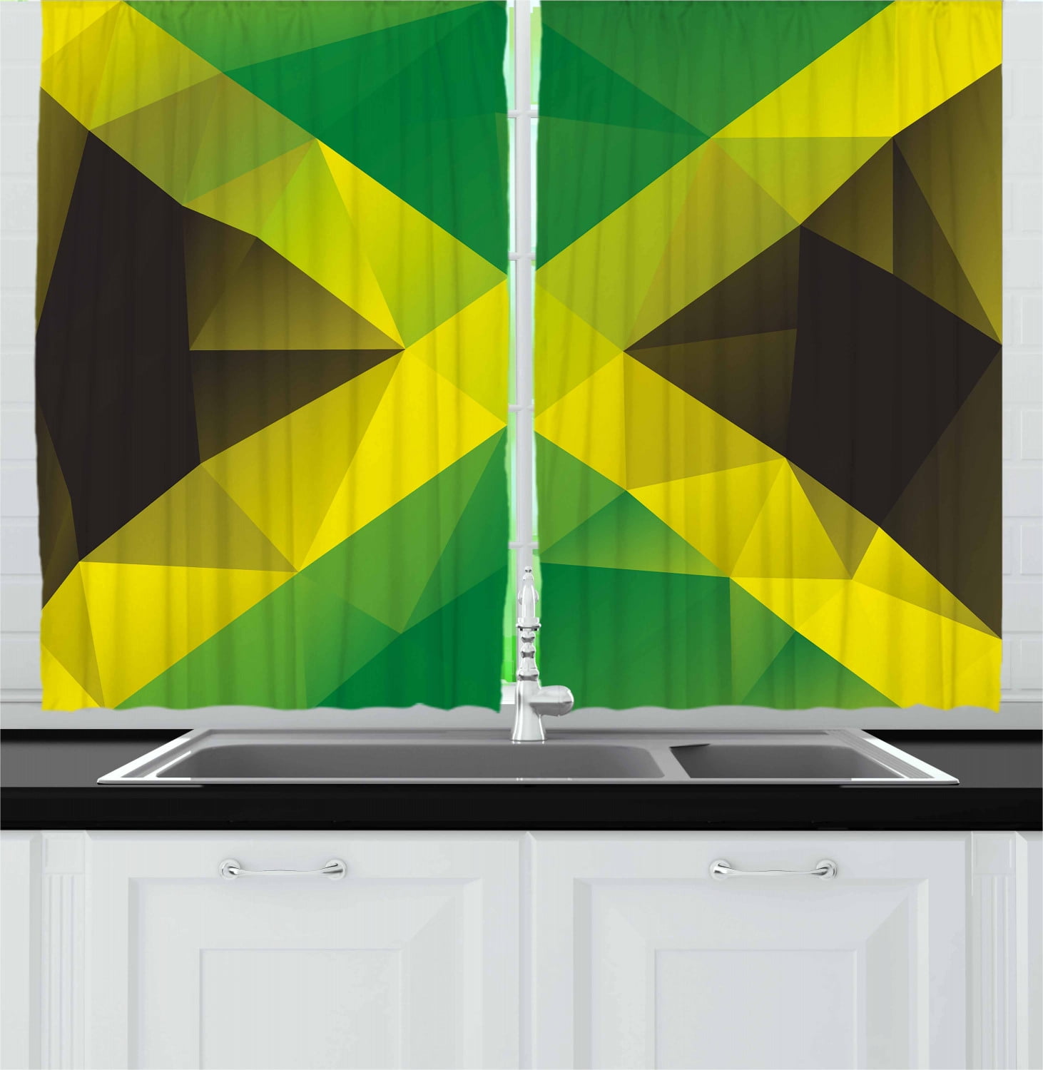 Jamaican Curtains 2 Panels Set, Triangular Polygon Design Abstract Flag