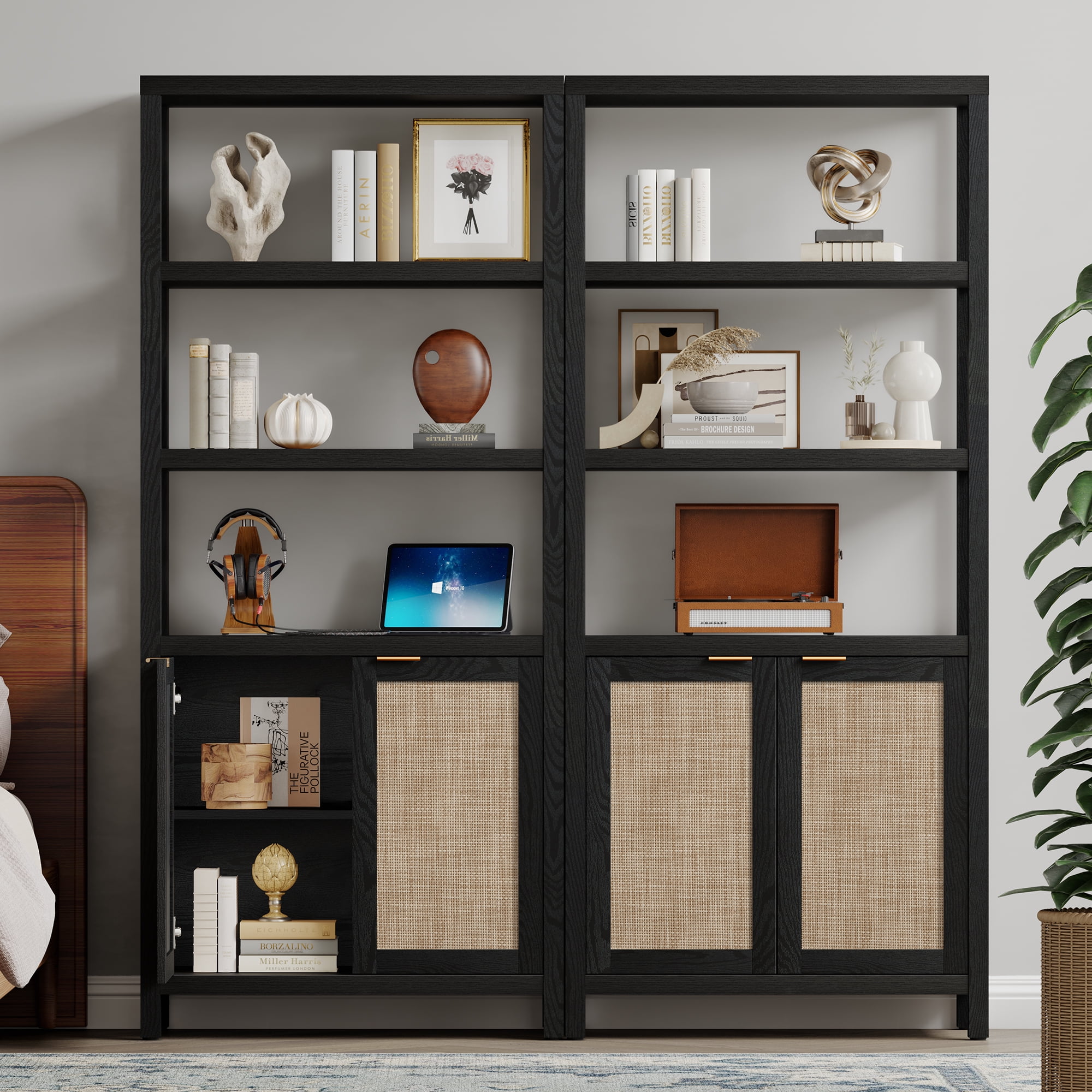 SICOTAS 71" Tall Bookcase with Doors, Boho 5 Tier Rattan Bookshelf Set of 3, Mid-Century Bookcase with Storage Cabinet for Living Room, Bedroom, Library & Home Office in Black Oak