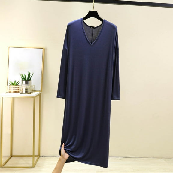 Aobny Nightgowns for Women Modal Plus Size Long Night Shirt Long Sleeve V-Neck Blue Christmas Pajamas Plus Size,XXL